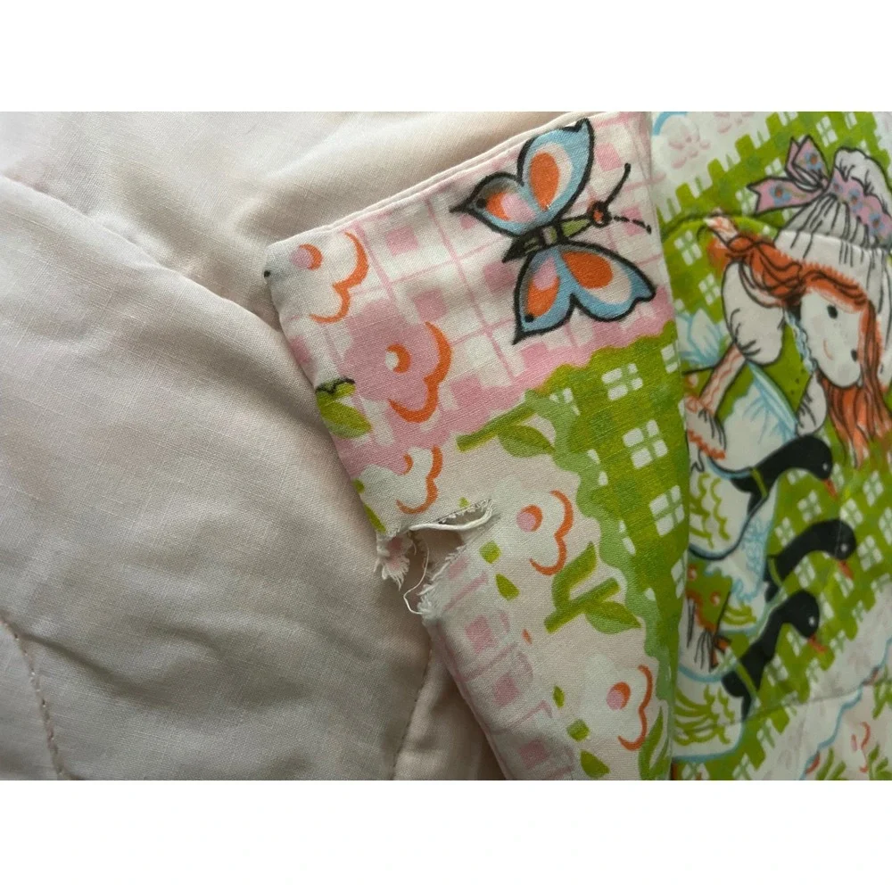 Vintage Holly Hobbie Style Quilt Bedspread Pink Green Floral 78x78 Cottagecore